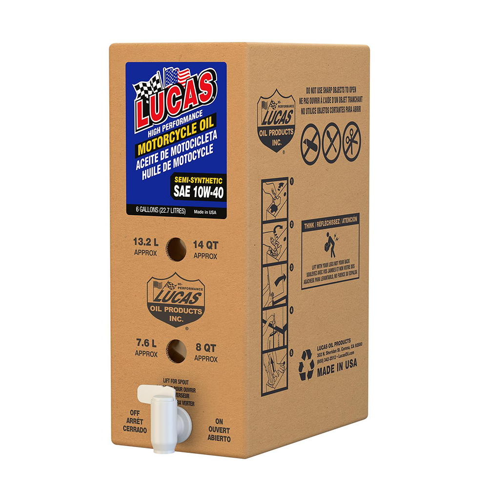 Lucas Semi-Syn SAE 10W40 Motorcycle Oil 6 Gal Bib